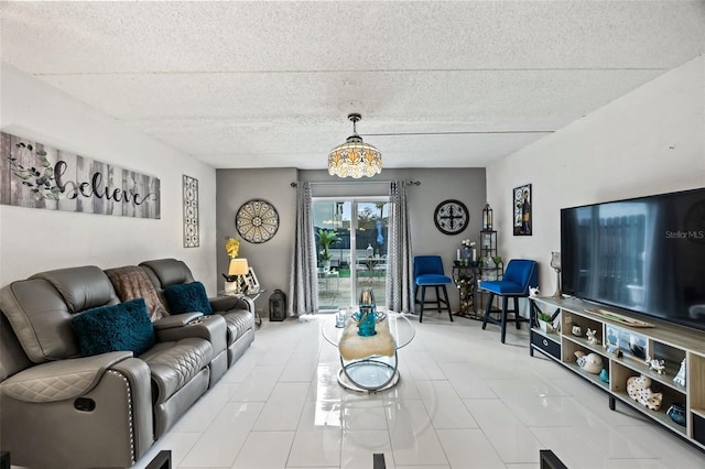 living room featuring a textured ceiling and light tile patterned floors