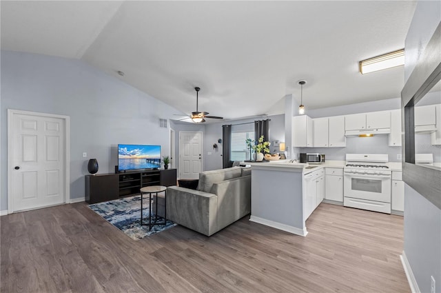 living room featuring ceiling fan, lofted ceiling, and light hardwood / wood-style floors