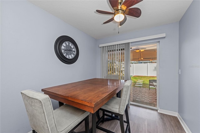 dining room featuring wood-type flooring and ceiling fan