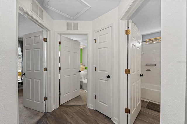 hallway featuring dark wood-type flooring