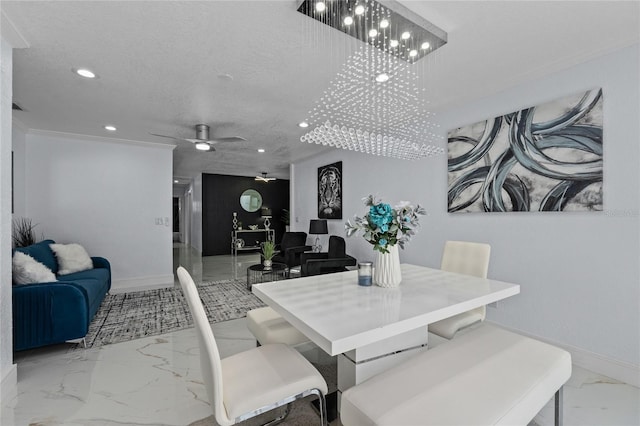 dining area with ceiling fan with notable chandelier and a textured ceiling