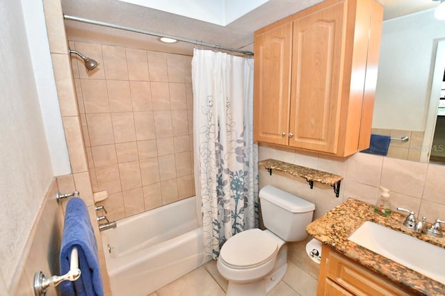 full bathroom with vanity, shower / bath combination with curtain, decorative backsplash, tile patterned floors, and toilet