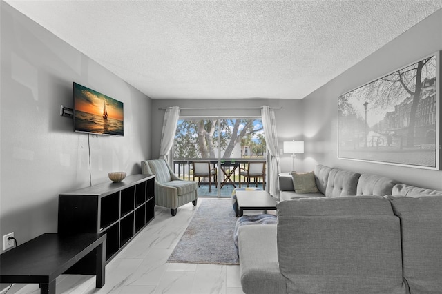 living room with a textured ceiling