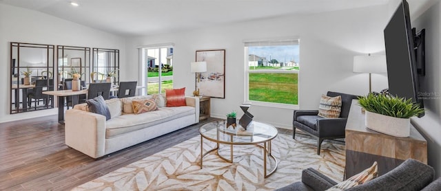 living room with hardwood / wood-style flooring and vaulted ceiling