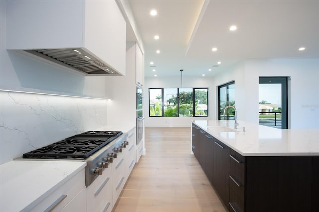 kitchen with appliances with stainless steel finishes, white cabinetry, sink, custom exhaust hood, and a center island with sink