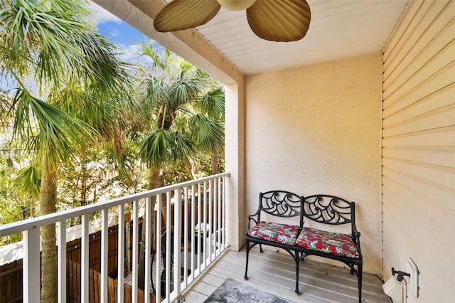 balcony featuring ceiling fan