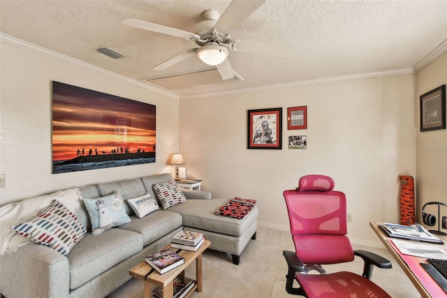 carpeted living room featuring crown molding, ceiling fan, and a textured ceiling