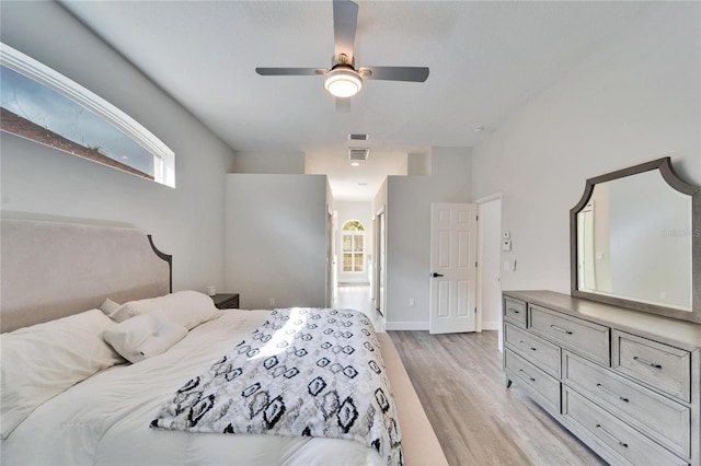 bedroom with light hardwood / wood-style flooring and ceiling fan