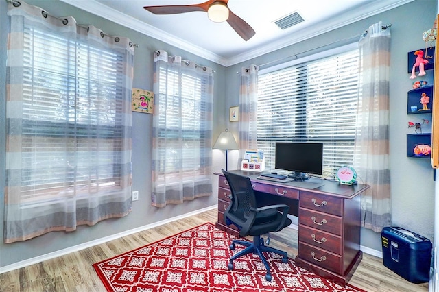 home office featuring ornamental molding, ceiling fan, and light hardwood / wood-style floors