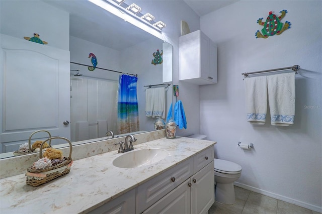 bathroom featuring vanity, a shower with curtain, tile patterned floors, and toilet