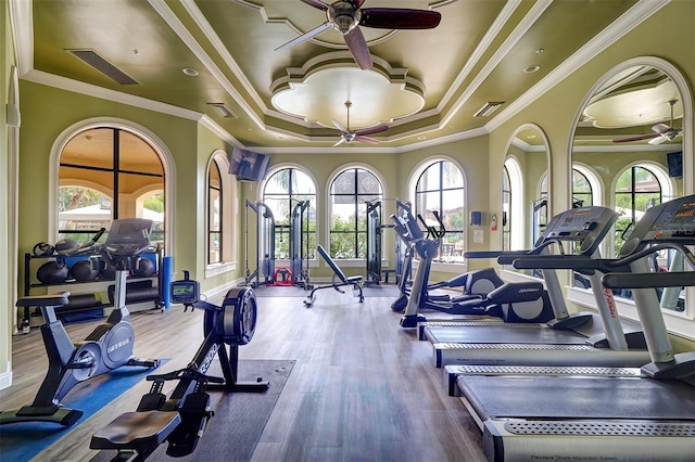 exercise room with a tray ceiling, crown molding, wood-type flooring, and ceiling fan