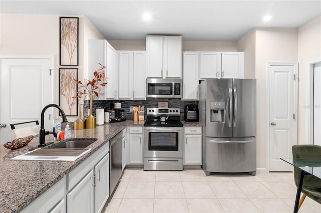 kitchen featuring stainless steel appliances, sink, white cabinets, and decorative backsplash