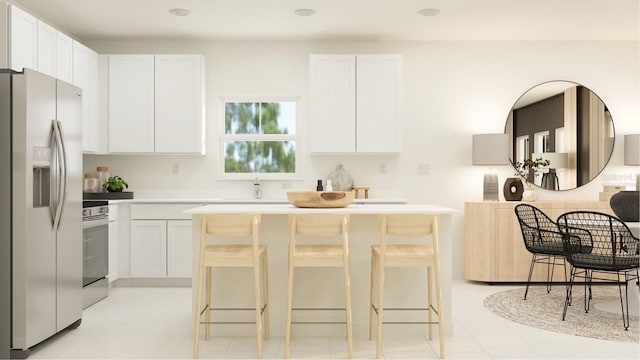 kitchen featuring white cabinetry, stainless steel appliances, and a kitchen breakfast bar