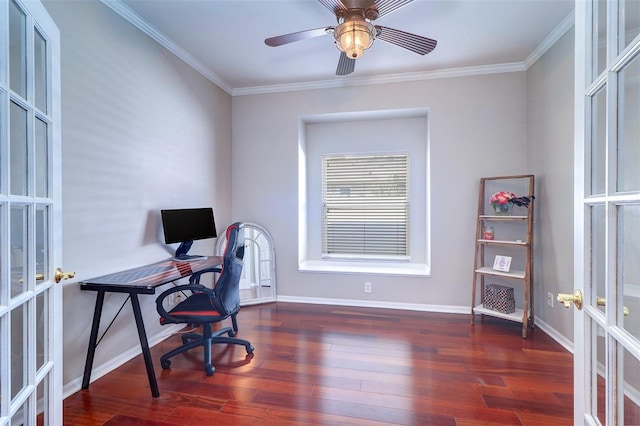 office space with french doors, crown molding, and dark wood-type flooring