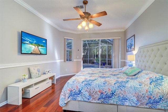 bedroom with dark wood-type flooring, ceiling fan, ornamental molding, and access to outside