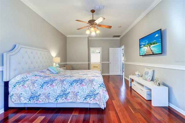 bedroom with crown molding, ceiling fan, and dark hardwood / wood-style floors