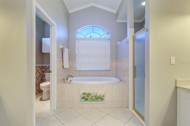 bathroom with crown molding, tile patterned floors, shower with separate bathtub, and toilet