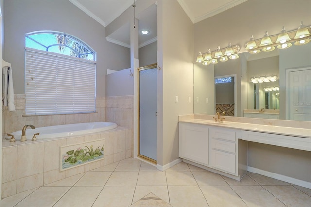 bathroom featuring tile patterned floors, ornamental molding, independent shower and bath, and vanity