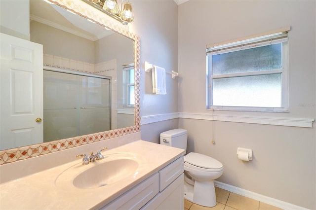 bathroom featuring walk in shower, tile patterned floors, plenty of natural light, and toilet