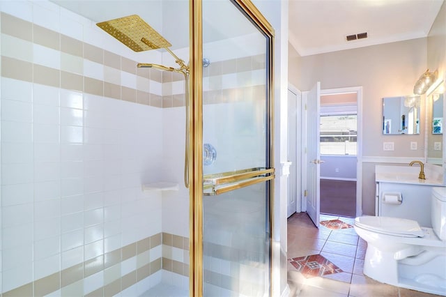 bathroom featuring an enclosed shower, ornamental molding, tile patterned floors, and toilet