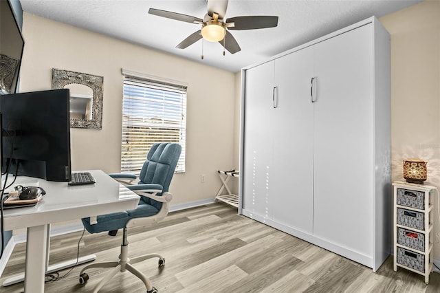 office space with ceiling fan and light hardwood / wood-style floors