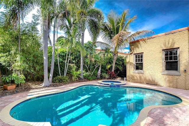 view of swimming pool with an in ground hot tub