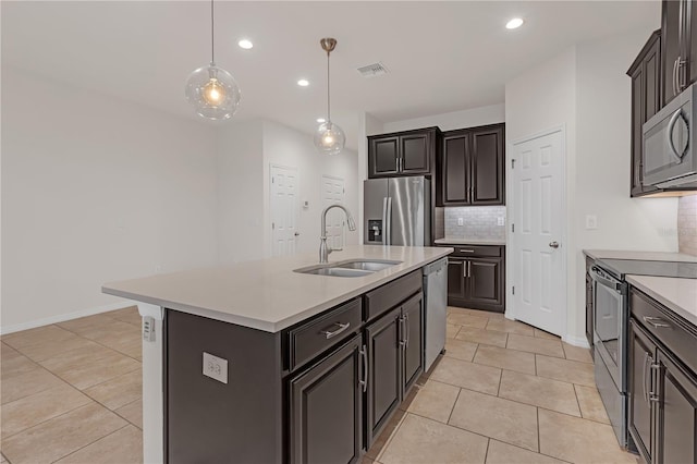 kitchen featuring sink, stainless steel appliances, tasteful backsplash, a center island with sink, and decorative light fixtures