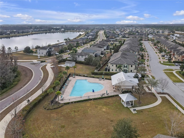 aerial view featuring a water view