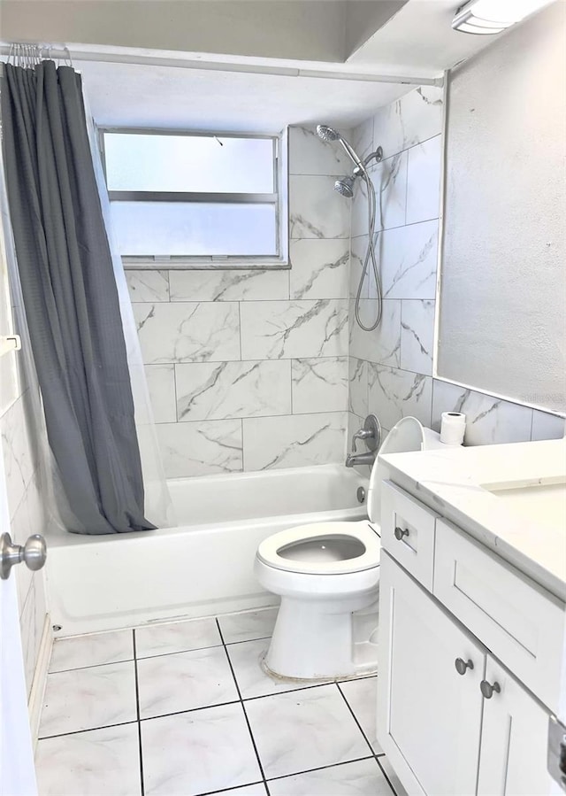 full bathroom featuring vanity, shower / tub combo with curtain, and toilet