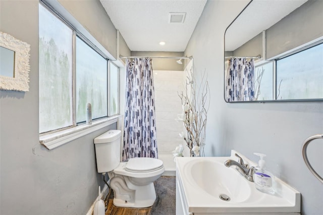 bathroom featuring vanity, a wealth of natural light, a shower with shower curtain, and toilet