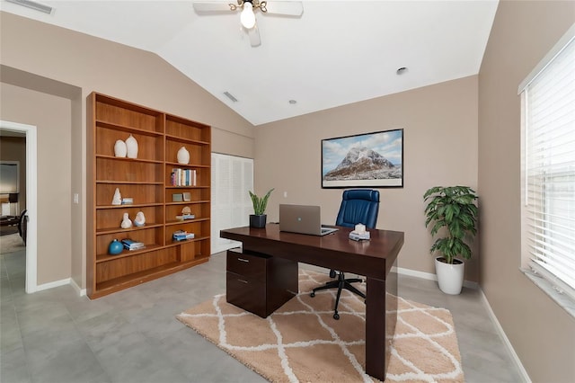 office space featuring ceiling fan and vaulted ceiling