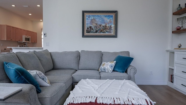 living room featuring built in features and dark hardwood / wood-style flooring