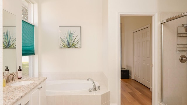 bathroom with vanity, plus walk in shower, and hardwood / wood-style floors