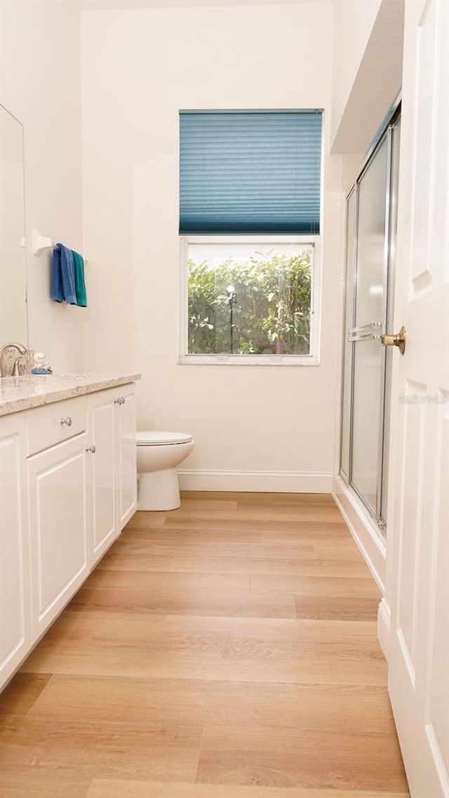 bathroom with vanity, hardwood / wood-style flooring, toilet, and walk in shower