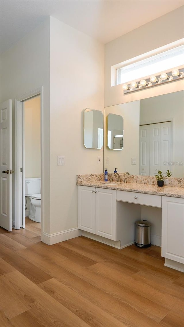 bathroom featuring vanity, wood-type flooring, and toilet