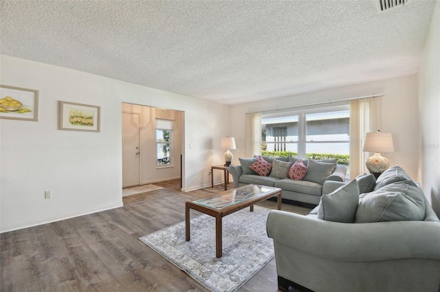 living room featuring wood-type flooring and a textured ceiling