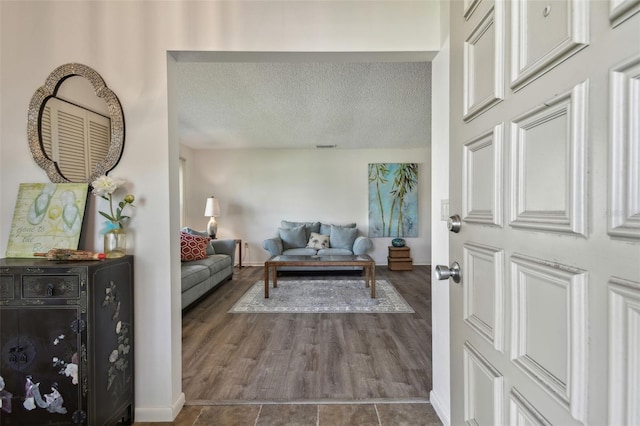 living room featuring hardwood / wood-style floors and a textured ceiling