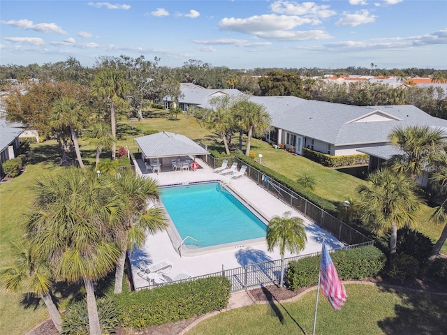 view of swimming pool featuring a patio, a yard, and a gazebo