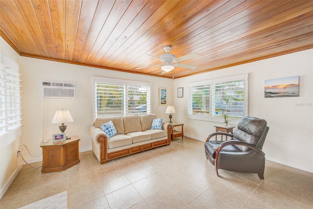 living room featuring light tile patterned flooring, a wall mounted air conditioner, ceiling fan, wood ceiling, and crown molding