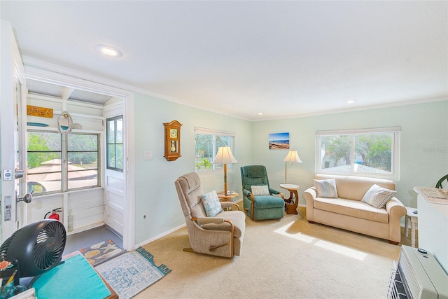 living room with light carpet, a wealth of natural light, and ornamental molding