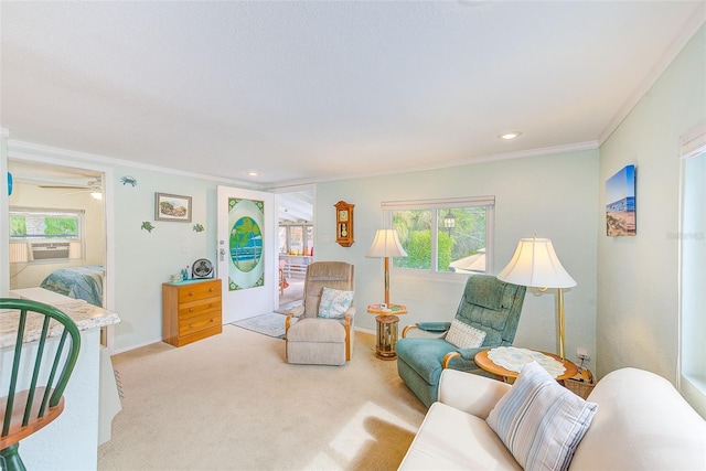 living room with crown molding, light colored carpet, and cooling unit