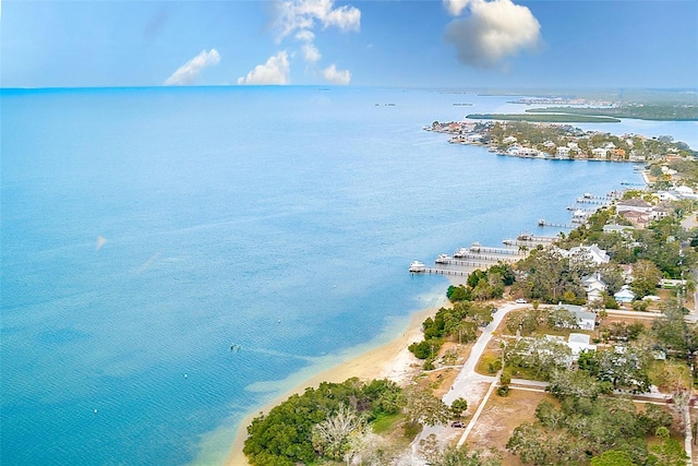 bird's eye view with a water view and a view of the beach