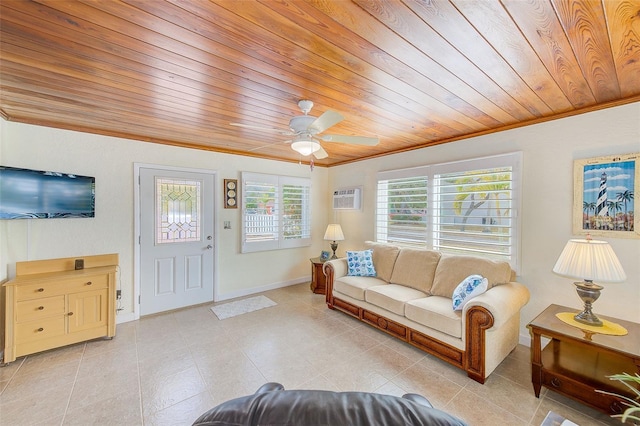 living room featuring ornamental molding, ceiling fan, wood ceiling, and a wall unit AC