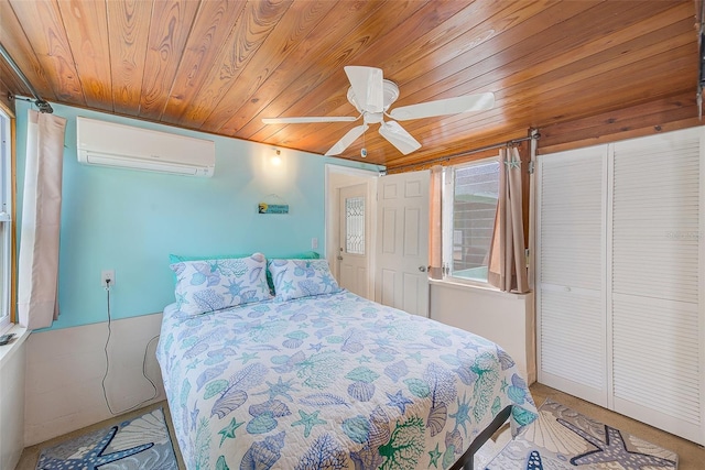 bedroom with a wall mounted AC, wooden ceiling, and ceiling fan