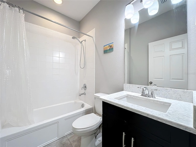 full bathroom featuring vanity, shower / tub combo, and toilet