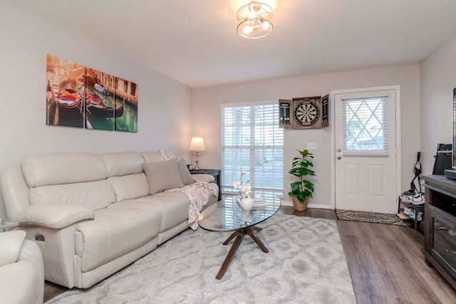 living room with a healthy amount of sunlight, hardwood / wood-style floors, and a textured ceiling