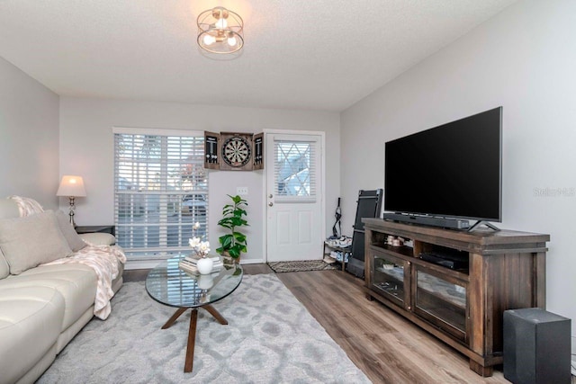 living room with wood-type flooring and a textured ceiling