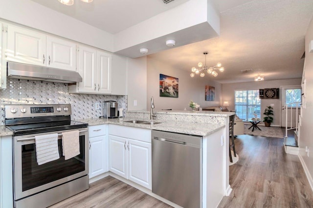 kitchen featuring appliances with stainless steel finishes, kitchen peninsula, sink, and white cabinets