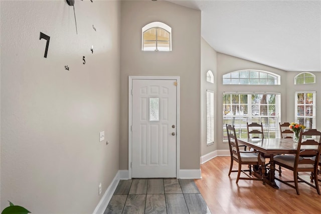 entryway featuring lofted ceiling and wood-type flooring