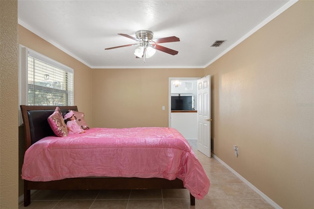 bedroom featuring ornamental molding, light tile patterned floors, and ceiling fan